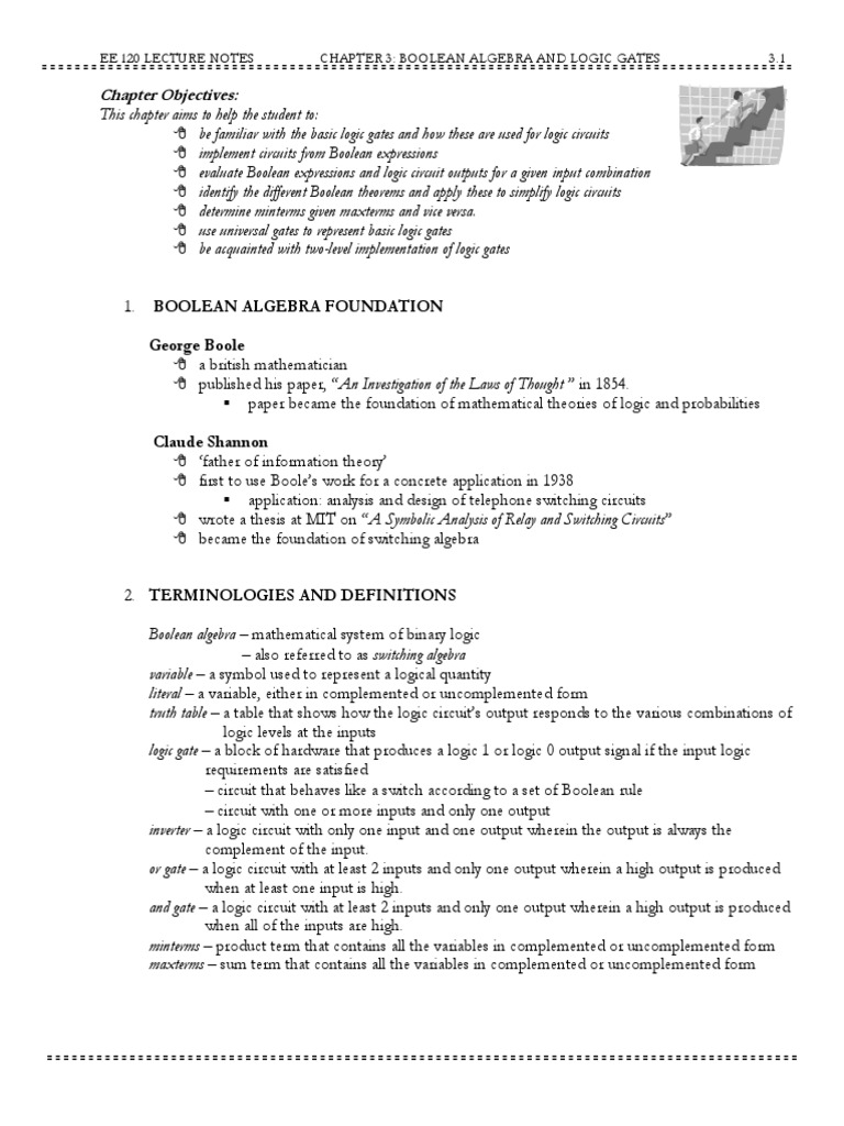 Chapter Objectives Ee 120 Lecture Notes Chapter 3 Boolean Algebra