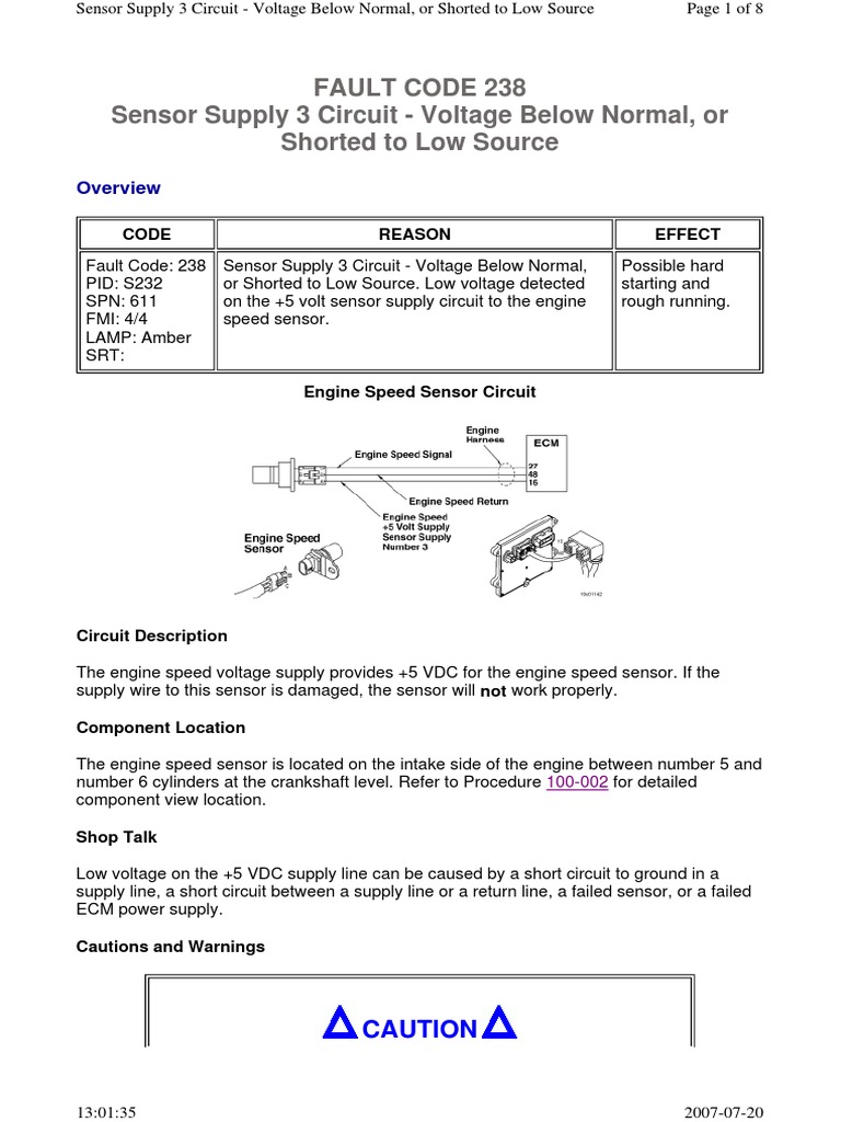 Fault Code 238 Sensor Supply 3 Circuit Voltage Below Normal, or