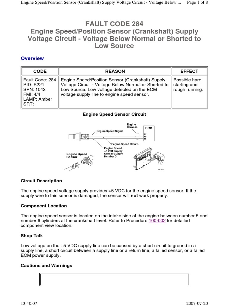 Fault Code 284 Engine Speed/Position Sensor (Crankshaft) Supply Voltage