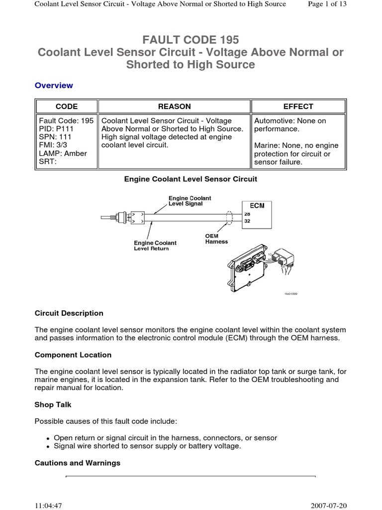 Fault Code 195 Coolant Level Sensor Circuit Voltage Above Normal or Shorted To High Source