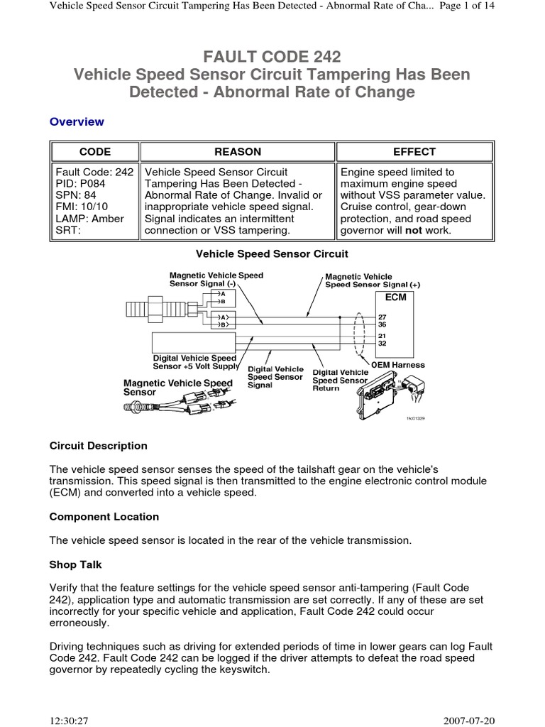 Fault Code 242 Vehicle Speed Sensor Circuit Tampering Has Been Detected