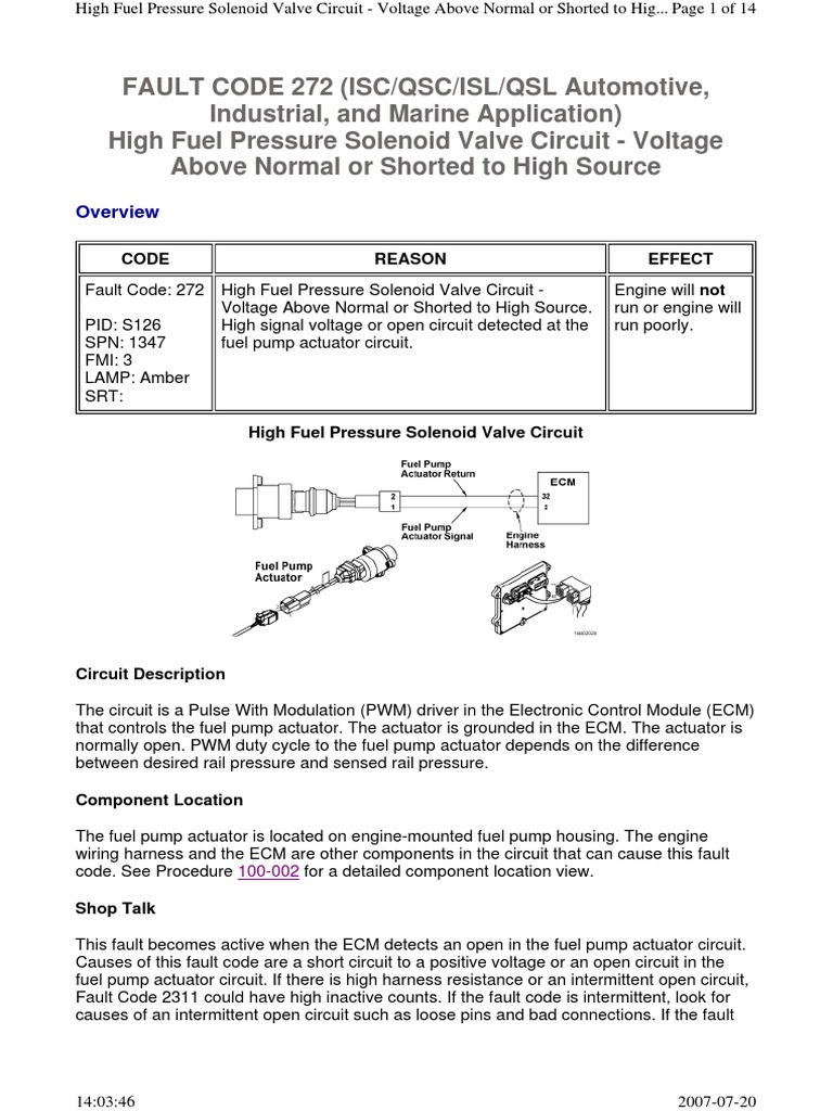 FAULT CODE 272 (ISC/QSC/ISL/QSL Automotive, Industrial, and