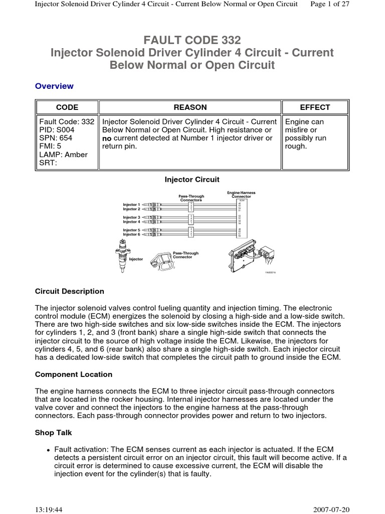 Fault Code 332 Injector Solenoid Driver Cylinder 4 Circuit Current