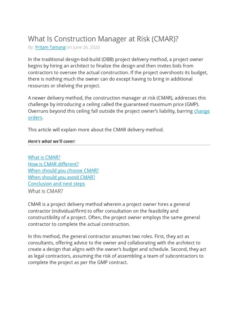 CMAR Vs DBB | PDF | General Contractor | Architect