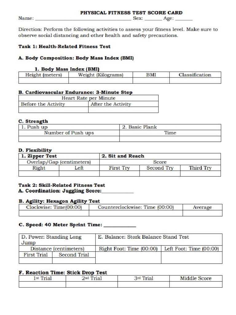 Physical Fitness Test Score Card | PDF