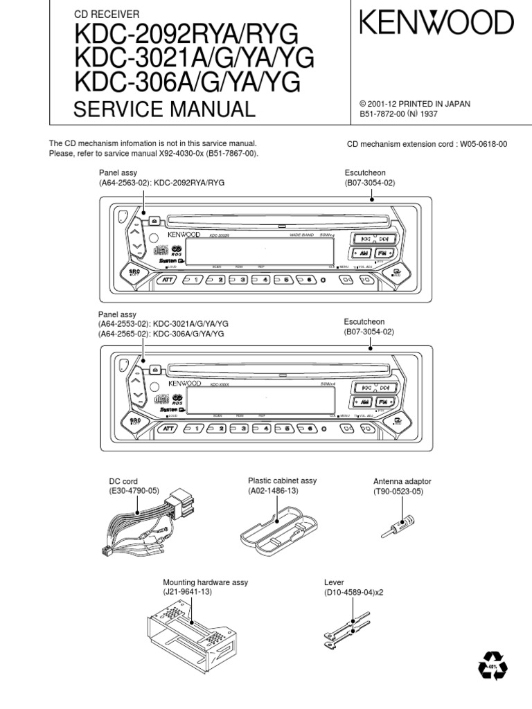Kenwood - kdc-3021 - Kdc-306a - Kdc-2092rya Car Cd-Reciever Service Manual  | PDF | Power Supply | Analog To Digital Converter