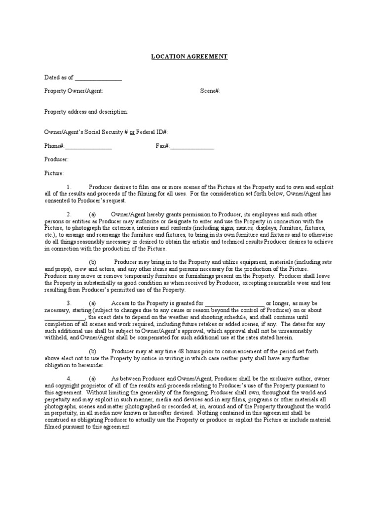 Film Location Agreement Template | PDF | Indemnity | Property