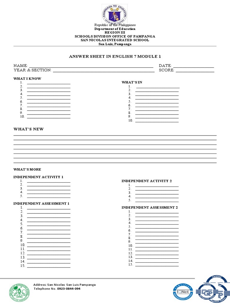 English 7 Module 1 Answer Sheet | PDF | Finance & Money Management