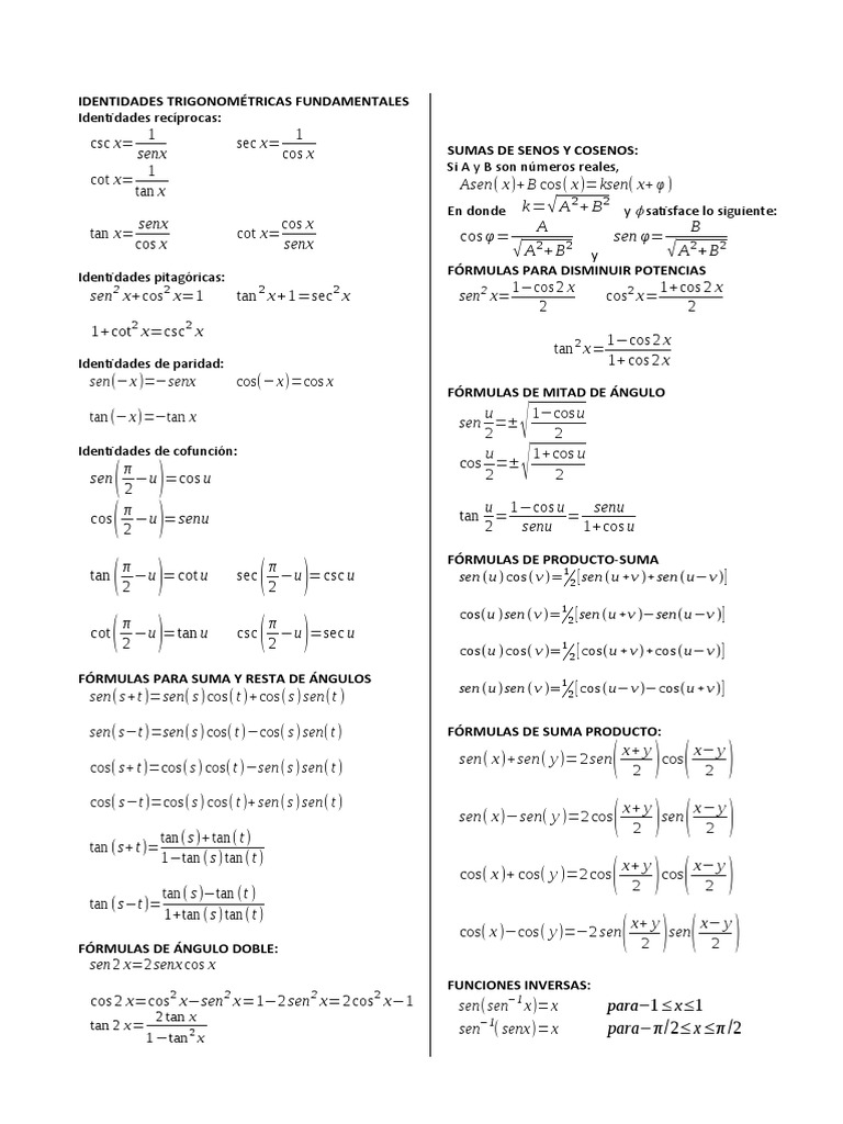 Formulario Completo Mate 2 | PDF | Funciones trigonométricas ...