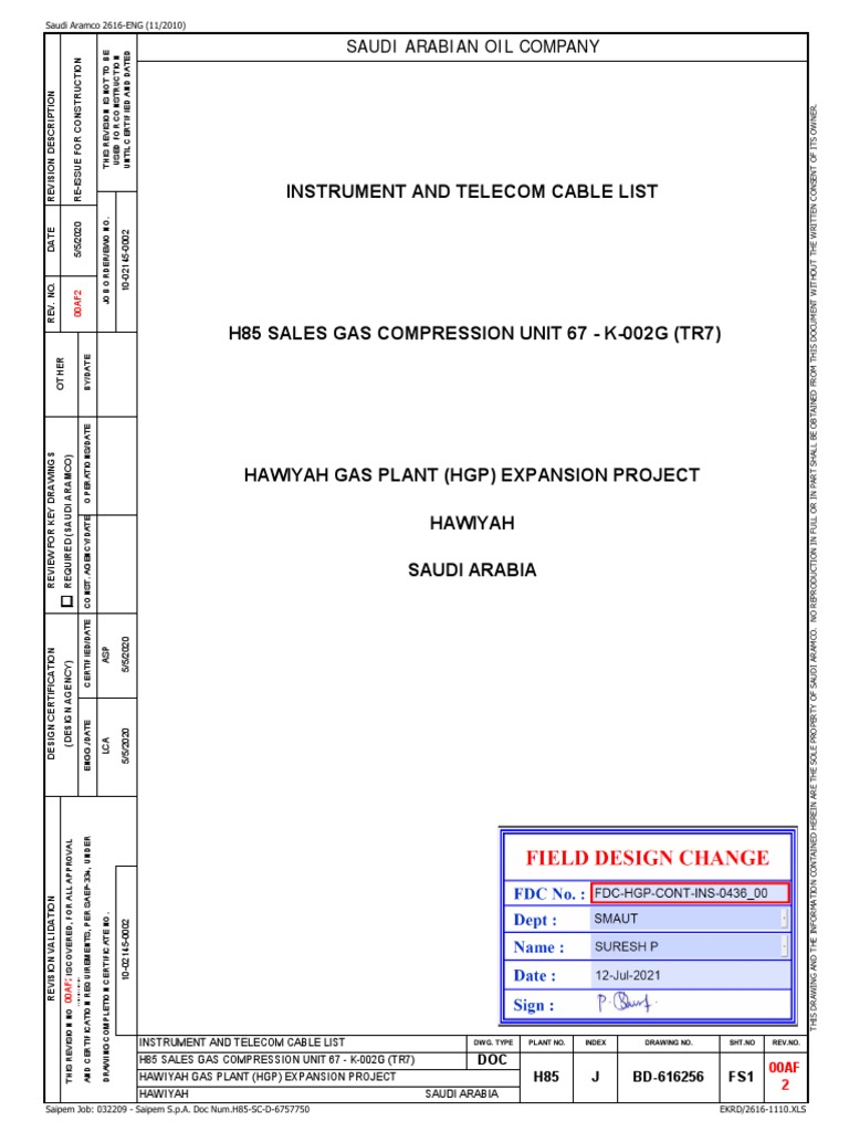 Instrument and Cable List Saudi Arabian Oil Company PDF