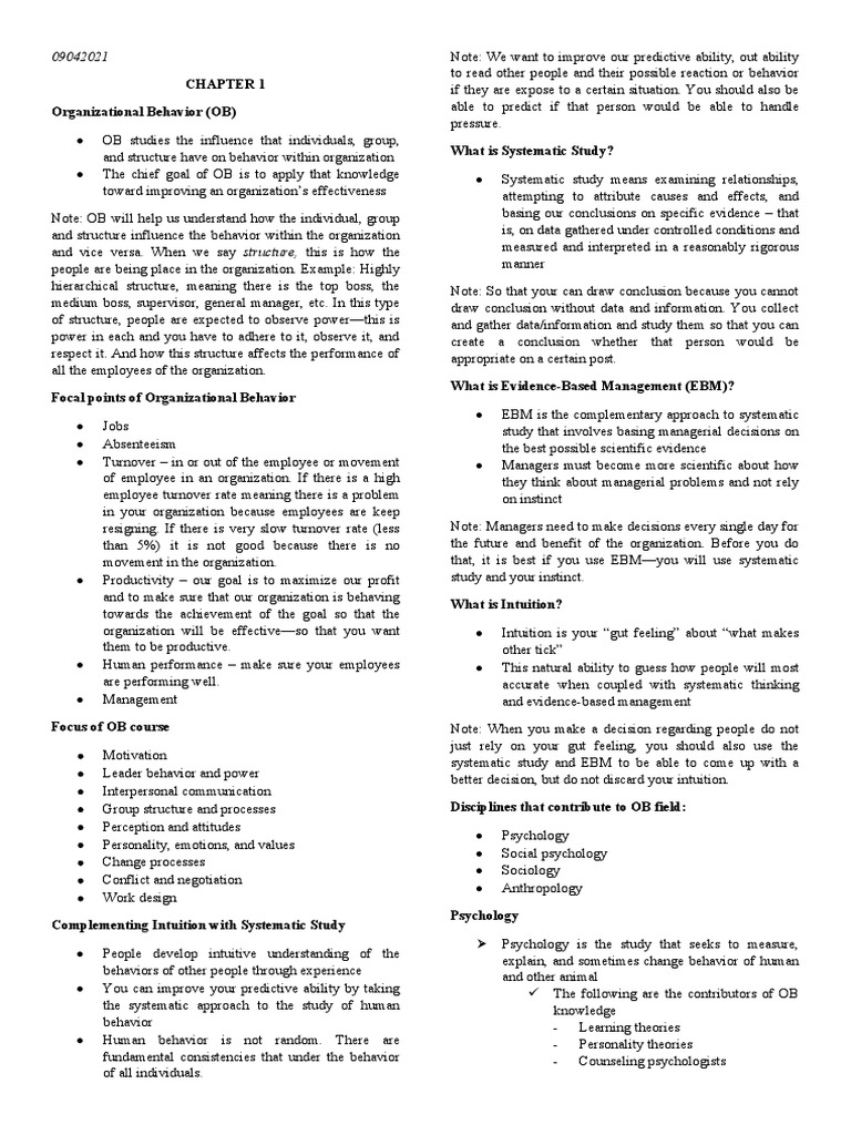 HBO Chapter 1 Notes | PDF | Psychology | Organizational Behavior