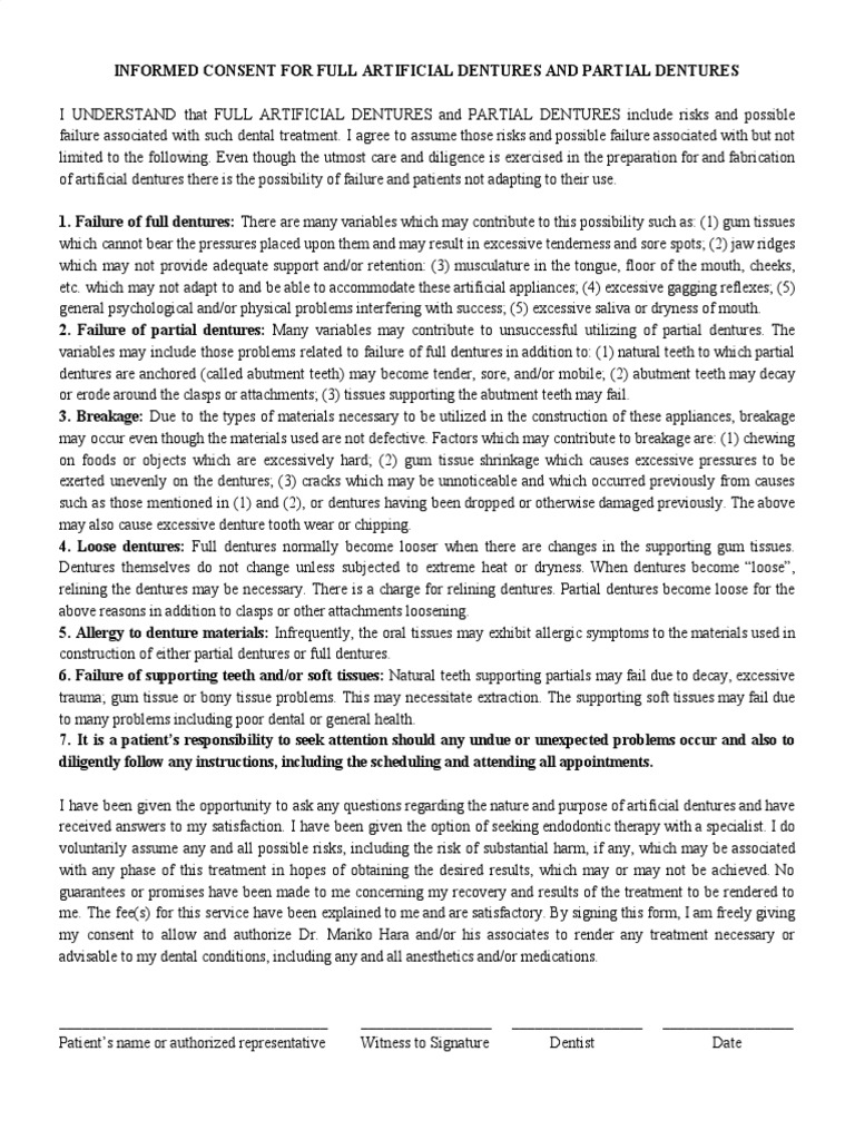 Informed Consent For Full Artificial Dentures and Partial Dentures
