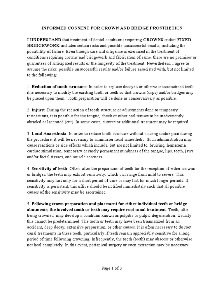 Informed Consent For Crown and Bridge Prosthetics PDF Tooth Mouth