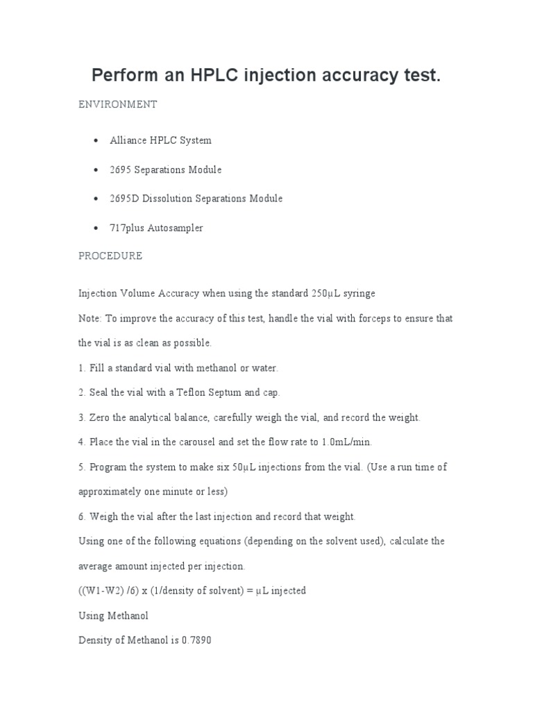 Perform HPLC Injection Accuracy Test | PDF