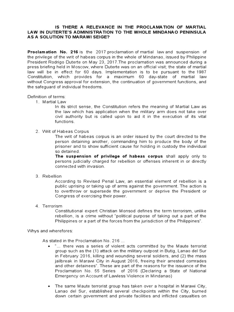 Relevance of Proclamation of Martial Law PDF Martial Law Habeas