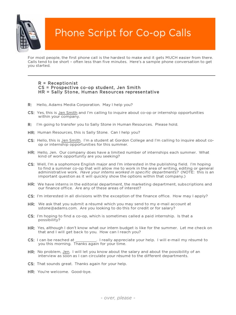 Phone Script For CoOp Calls Download Free PDF Internship Job Hunting