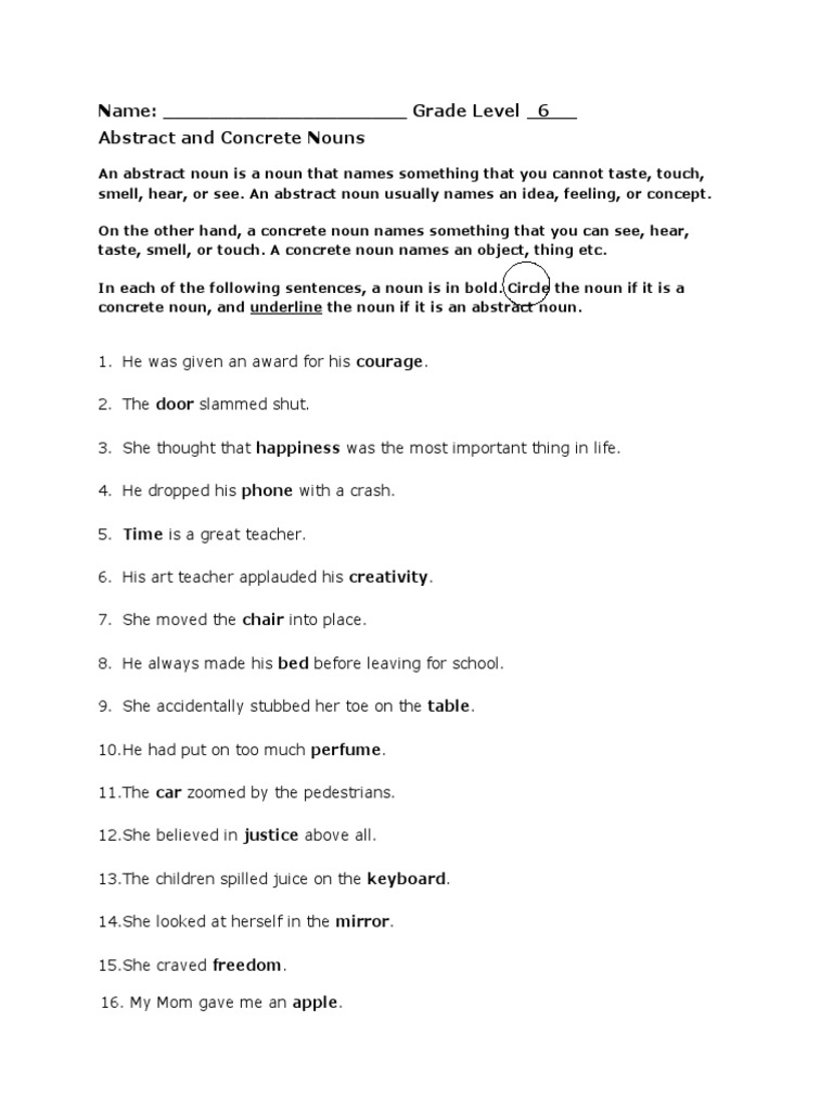 Abstract and Concrete NounsQuestions PDF
