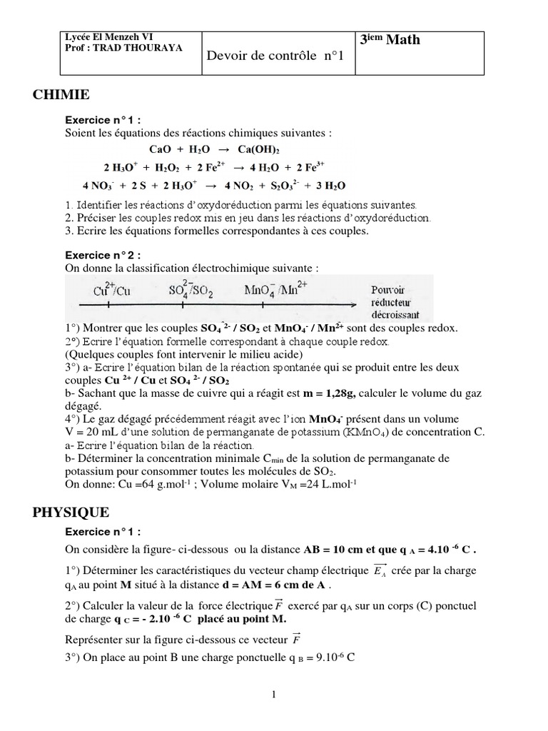 Devoir de contrôle en chimie et physique | PDF | Réaction d ...