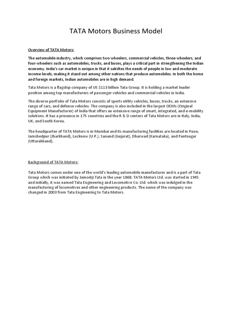 Tata Motors Business Model Overview | PDF | Car | Business