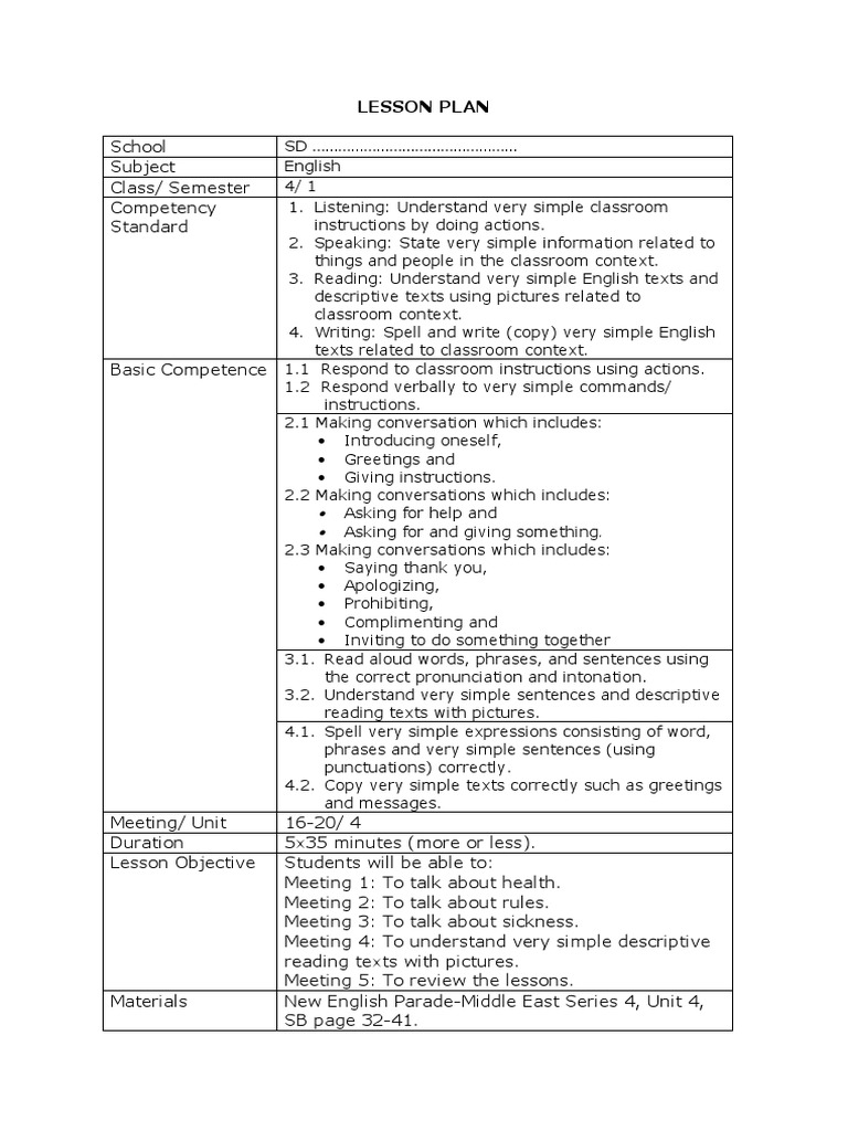 Lesson Plan SD Kelas 4 Unit 4 | PDF | English Language | Reading Comprehension