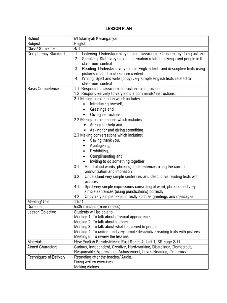 English Lesson Plan for Grade 4 | PDF | Reading Comprehension | English ...