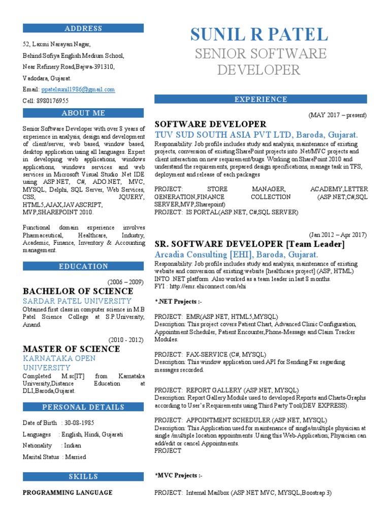 Sunil R Patel: Senior Software Developer | PDF | Web Application | My Sql