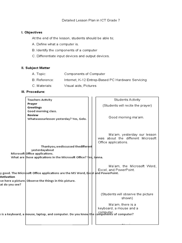 Detail Lesson Plan in Ict Computer 7 | PDF | Input/Output | Computer ...