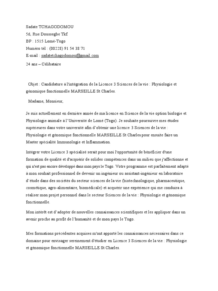 Candidature Licence 3 Sciences de la Vie PDF — free download