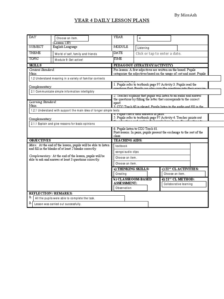 Year 4 daily lesson plans by missash pdf teachers reading