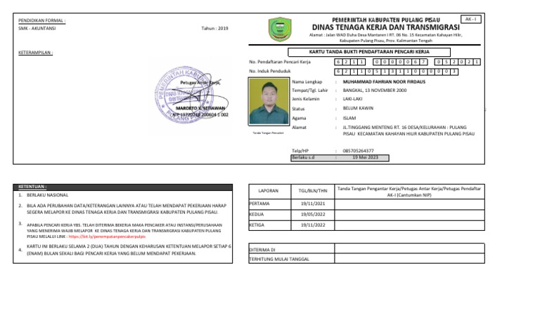 Kartu Pendaftaran Pencari Kerja AK-1 | PDF