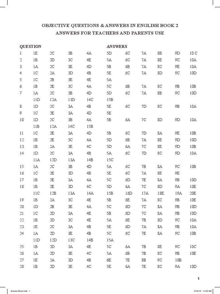 Objective Questions Answers in English Answer Sheet Book 2 | PDF