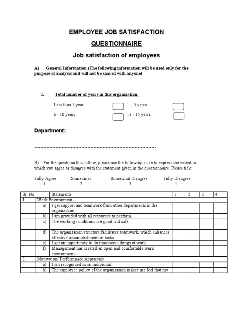 Employee Job Satisfaction Questionnaire | PDF | Job Satisfaction ...