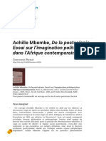 Achille Mbembe, de La Postcolonie, Essai Sur L'imagination Politique Dans L'afrique Contemporaine