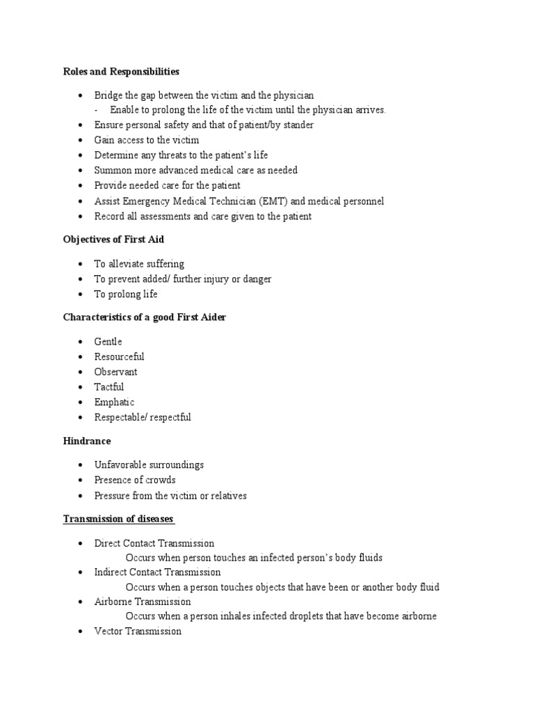First Aid Roles and Responsibilities Guide | PDF | Self-Improvement