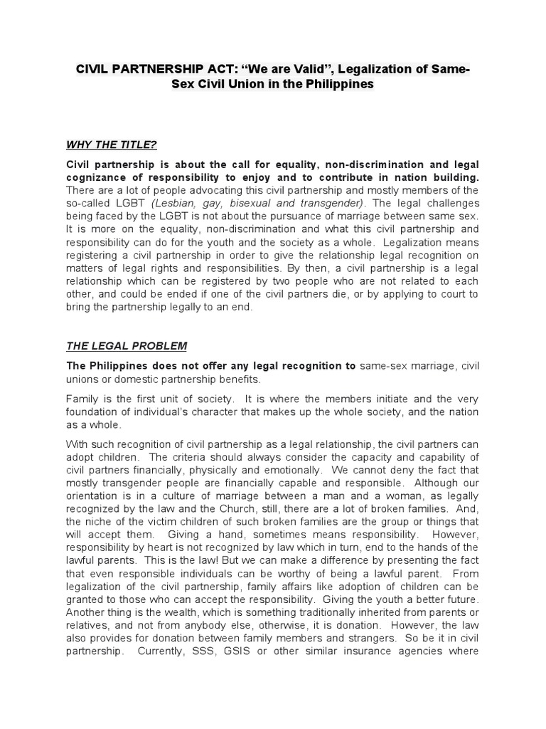 CIVIL PARTNERSHIP ACT "We Are Valid", Legalization of SameSex Civil Union in The Philippines