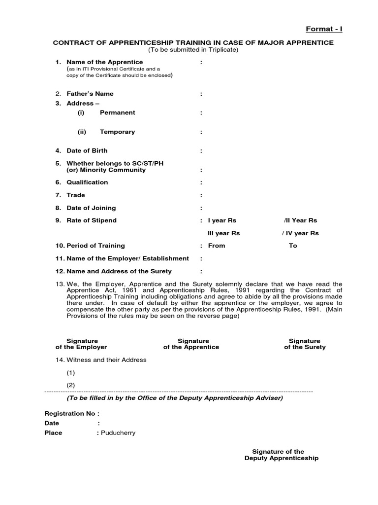 Contract of Apprenticeship Training in Case of Major Apprentice | PDF ...