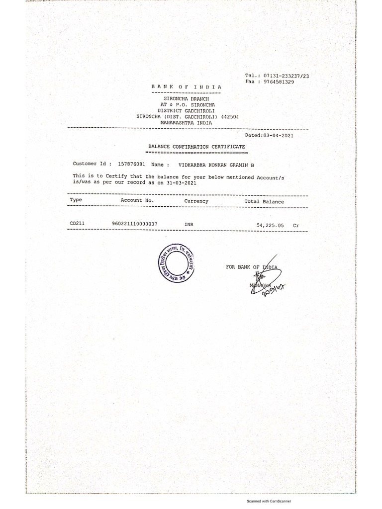 Balance Certificate PDF