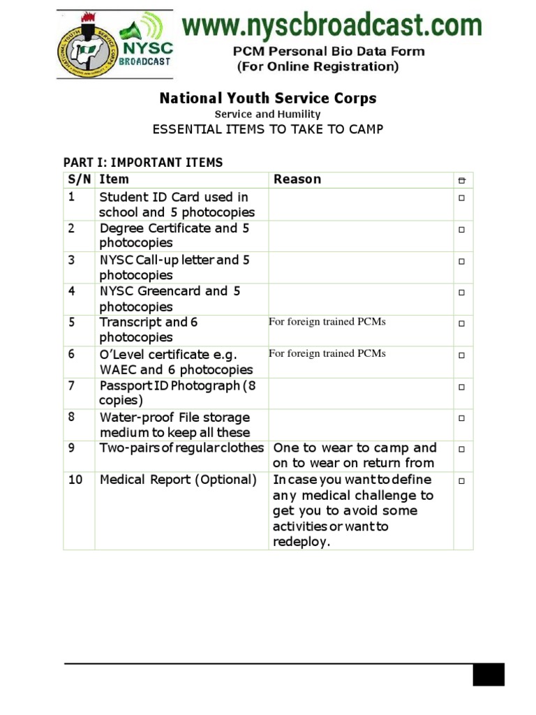 Nysc REQUIREMENT For Camp PDF Identity Document