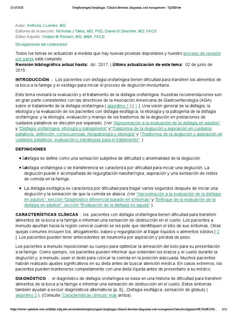 Oropharyngeal Dysphagia Clinical Features, Diagnosis, and Management