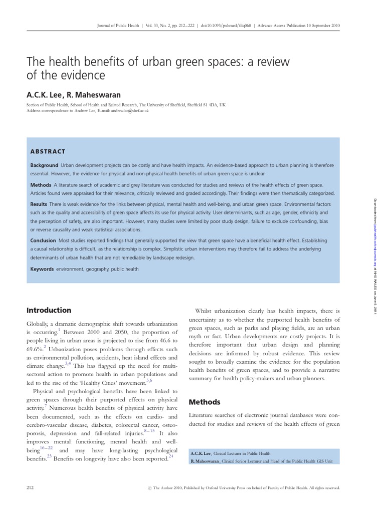 Health Benefits of Urban Green Spaces - Review (2011) | PDF ...