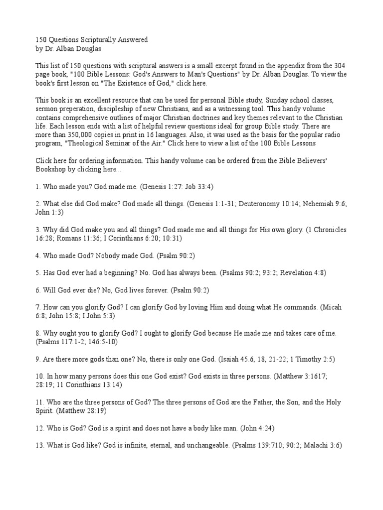 150 Bible Questions Answered | PDF | Lord's Prayer | Adam