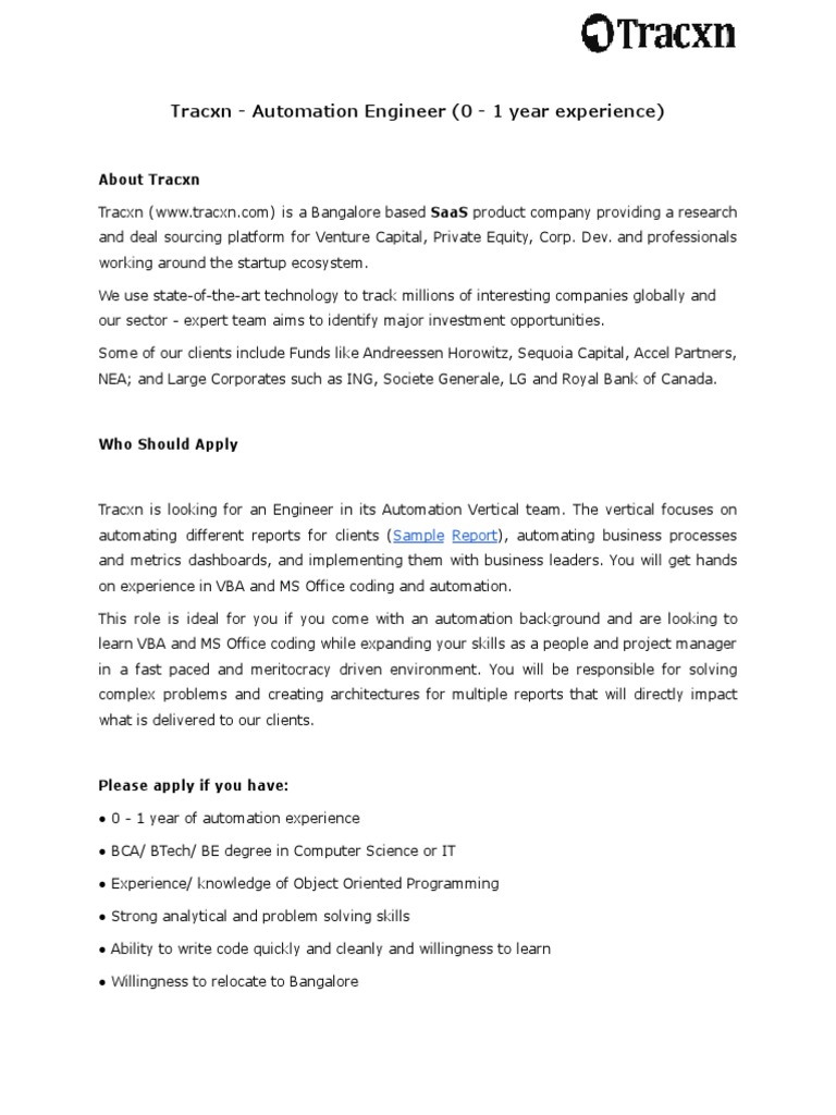 Tracxn JD Automation Engineer (0 1 Year) PDF