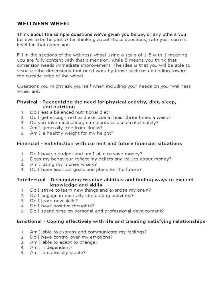 Wellness Wheel Personal Health Inventory, image size:768x1024