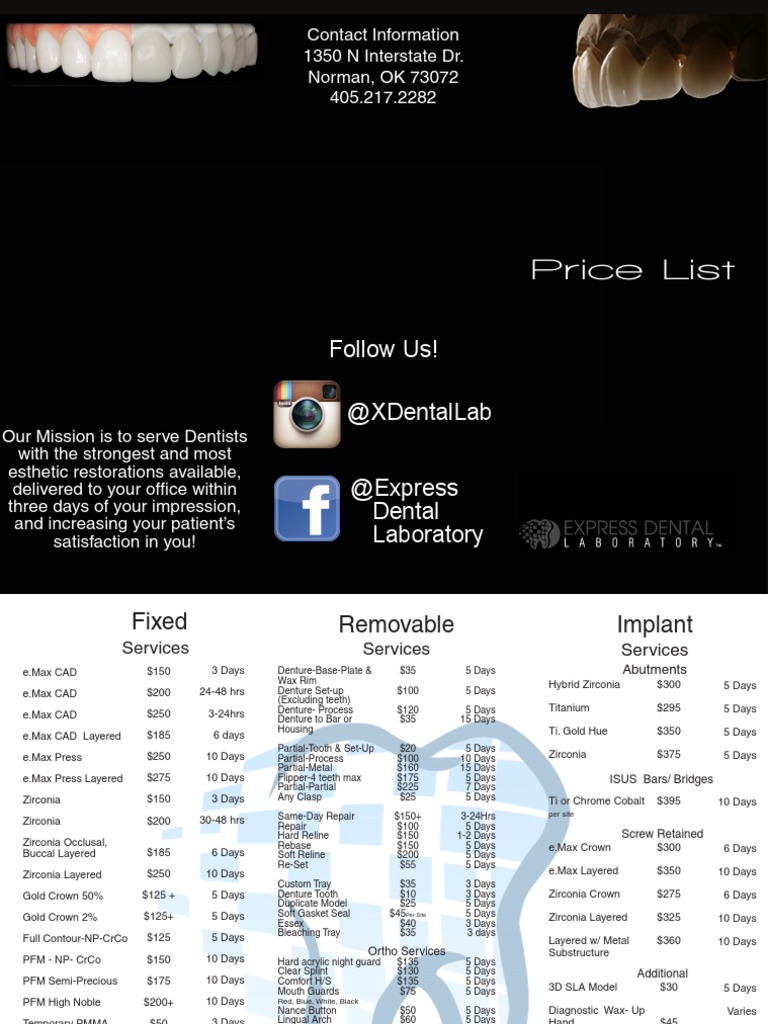 Price List Follow Us! xdentallab express Dental Laboratory PDF