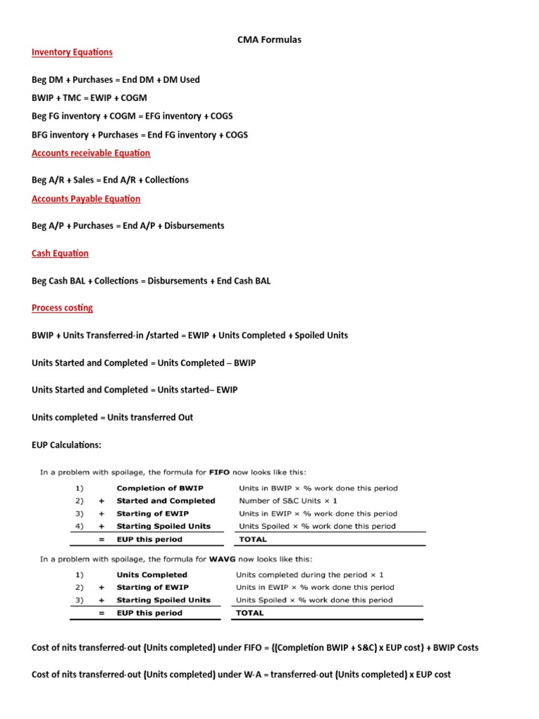 CMA Costing & Variance Formulas | PDF | Variance | Inventory