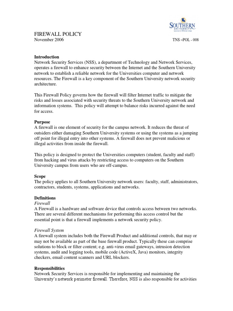 Southern University Firewall Policy | PDF | Computer Network | Firewall ...