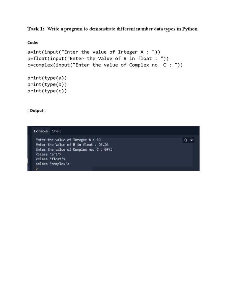 Task 1: Write A Program To Demonstrate Different Number Data Types in ...