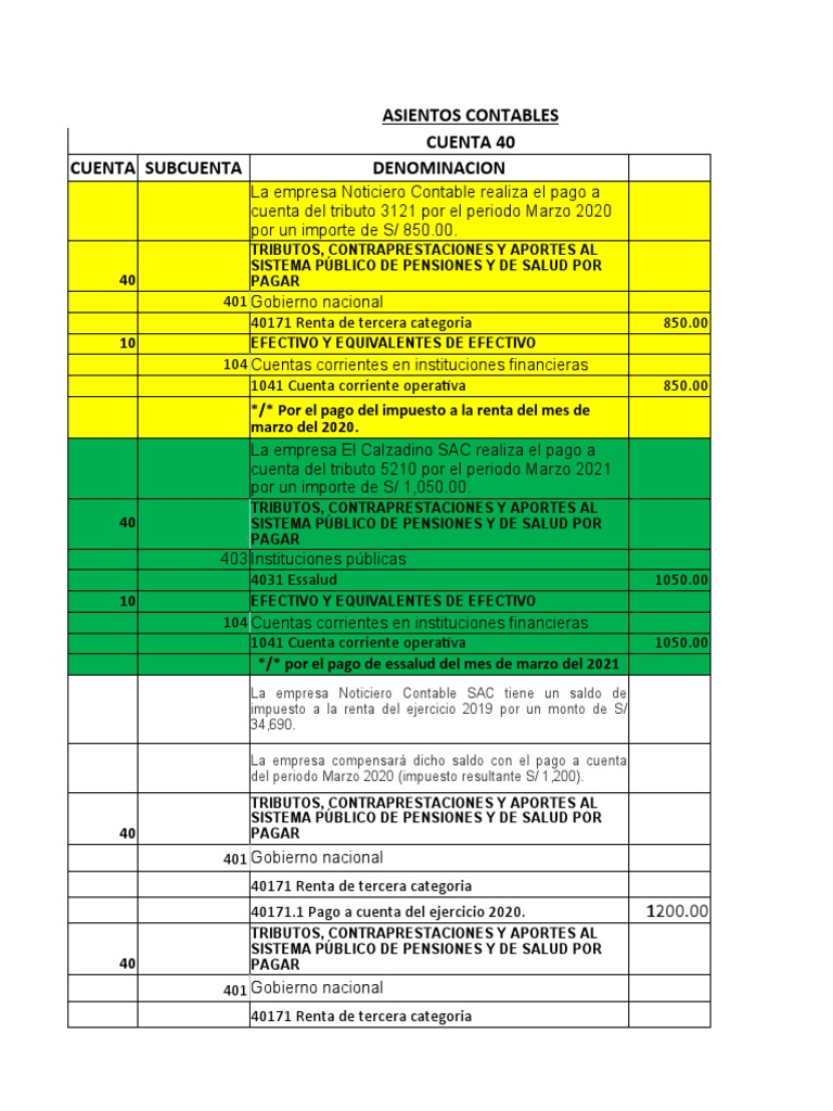Asientos Contables Cuentas 40 y 41 | PDF | Contabilidad | Pagos