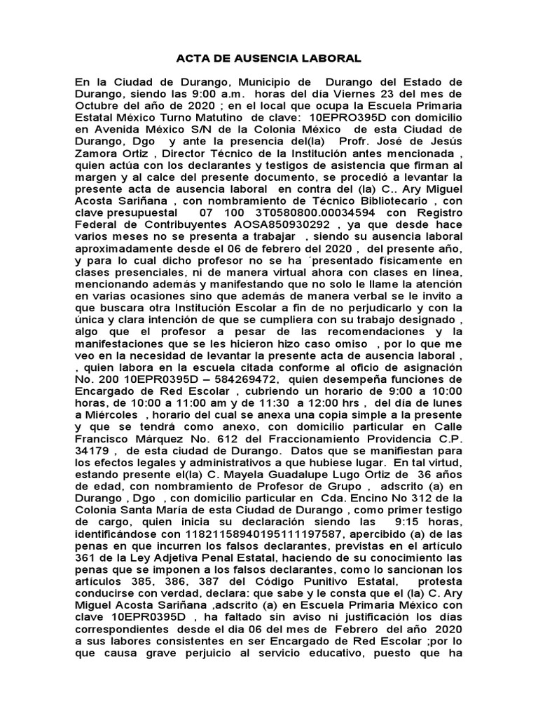 Acta De Ausencia Laboral Pdf México