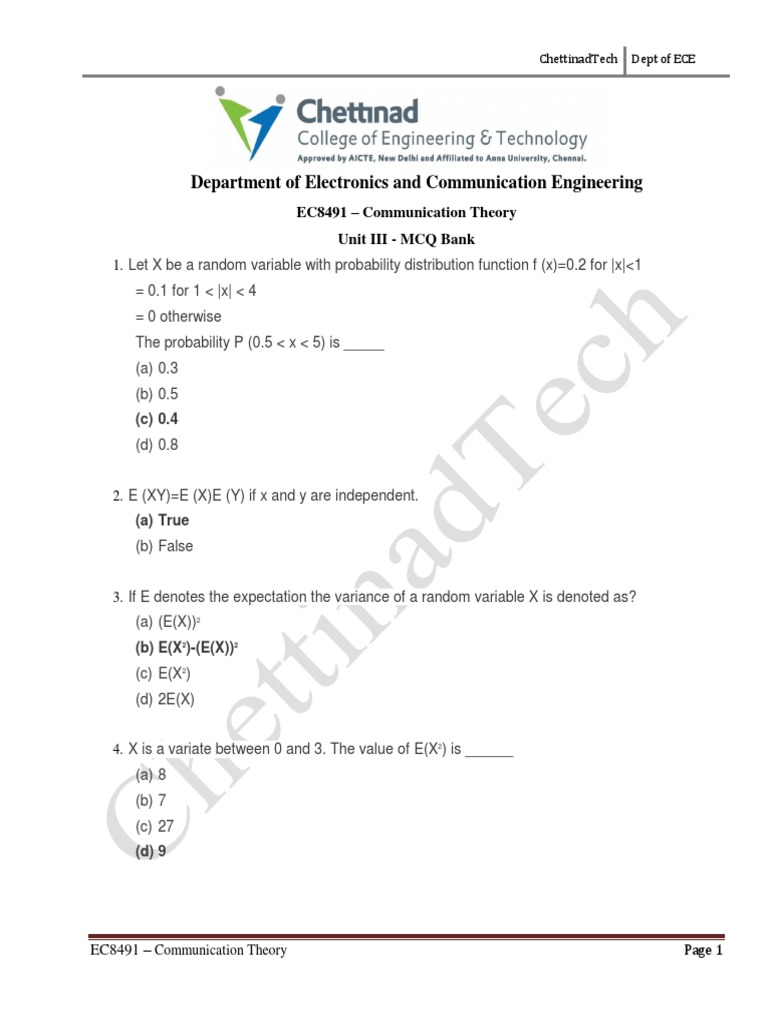 Ec8491 Ct Unit 3 Pdf Random Variable Spectral Density